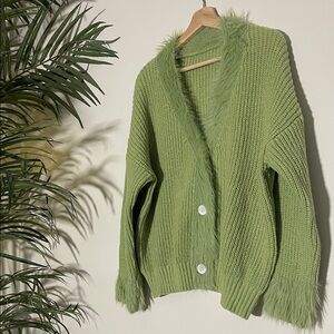 Sage Green Sweater | Knitted Furry Accents | Super Soft | Size 1X or Oversized
